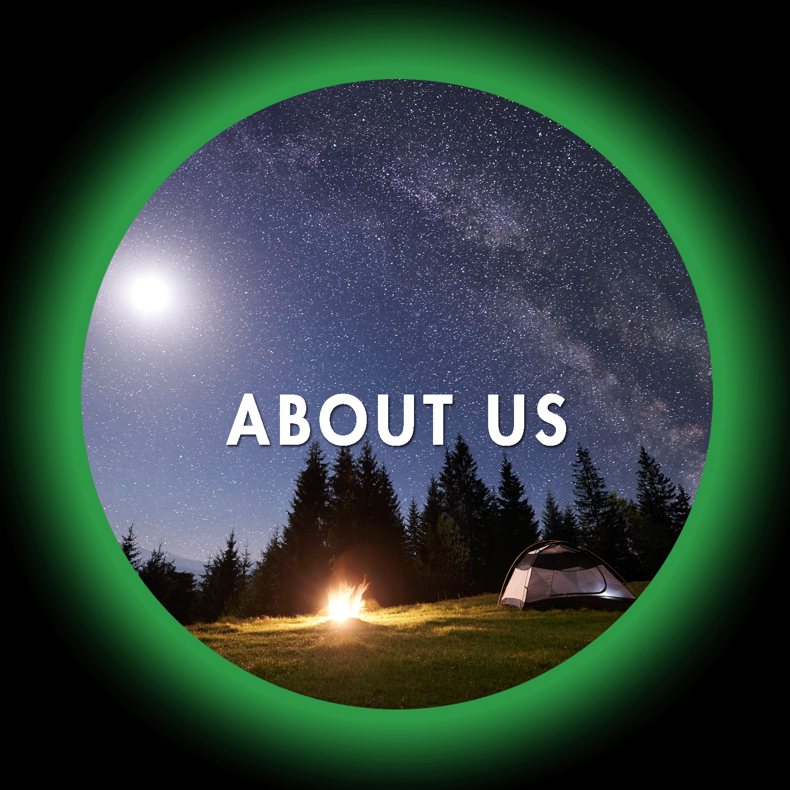 About Us Starry Sky over campground Button Image